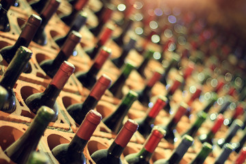 Wine cellar bottles covered with dust