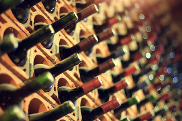 Wine cellar bottles covered with dust