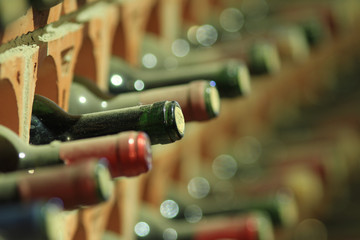 Wine cellar bottles covered with dust macro