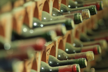 Wine cellar bottles covered with dust macro