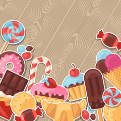 Background with colorful sticker candy, sweets and cakes.