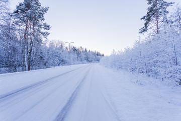 Fototapeta na wymiar Winter evening forest with road covered with snow