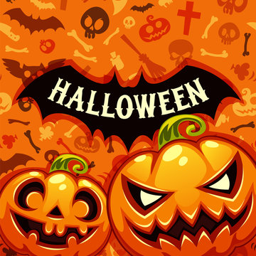 Halloween Pumpkins Card With Bat Silhouette