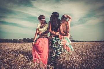 Multi-ethnic hippie girls  in a wheat field - obrazy, fototapety, plakaty