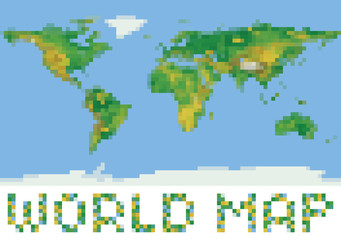 pixel art style world physical map with green and yellow relief