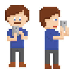 pixel art young person taking a picture on smart phone sprite,