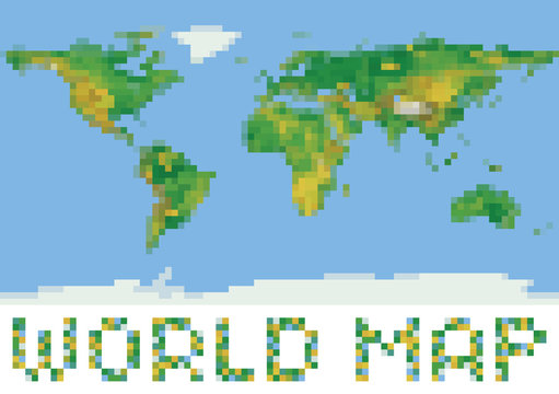 Pixel Art Style World Physical Map With Green And Yellow Relief