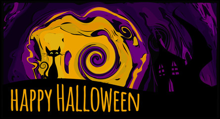 Halloween background illustration haunted house black cat moon
