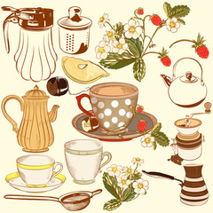 Collection of vector hand drawn tea and coffee accessories for d