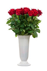 Flower bouquet from red roses in vase isolated on white.