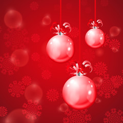 Christmas balls on red background with snowflakes