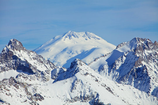 Close view of Mount Elbrus summit that Is a dormant volcano loca