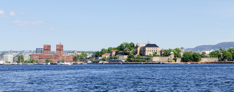 View on Oslo Fjord harbor and Akershus Fortress panorama