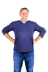 Fototapeta premium Casually dressed middle aged man hands on heaps