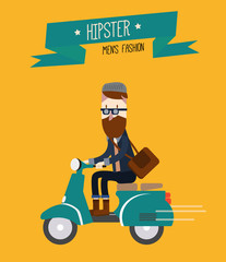Hipster man is riding scooter. flat character design.