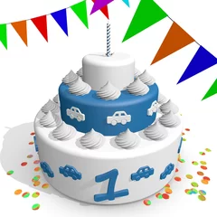 Fotobehang Feestje taart en vlaggetjes voor 1e verjaardag © emieldelange