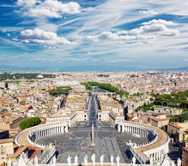 Famous Saint Peter's Square in Vatican and aerial view of city.