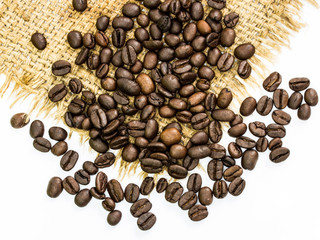 coffee beans on sack, white background