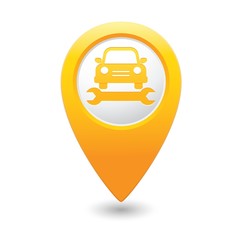 Car service. Car with tool icon on yellow map pointer