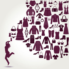 Women's fashion background. Clothing and accessories icons.