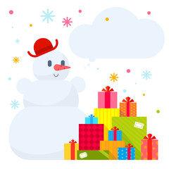 Vector illustration of the snowman and piles of presents on whit
