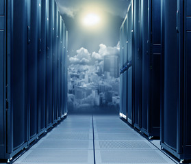 Data center over the technology city in direct sun