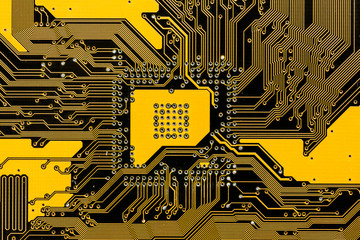 Black and yellow pcb circuit of motherboard