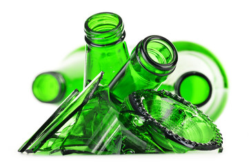 Pieces of broken glass over white background. Recycling