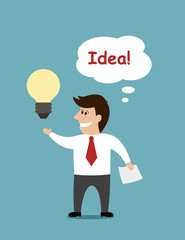 Smiling cartoon businessman with a light bulb