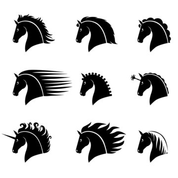 Set silhouette of a beautiful horse head
