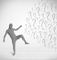 3d human character is body suit looking at hand drawn question m