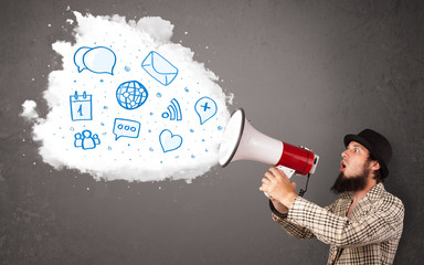 Man shouting into loudspeaker and modern blue icons and symbols