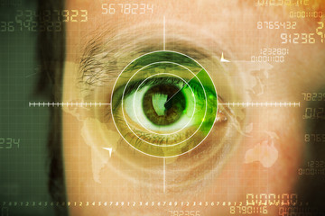 Modern man with cyber technology target military eye