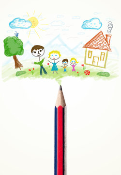Pencil close-up with a drawing of a family