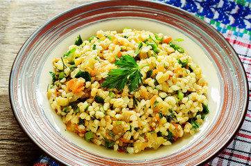 bulgur with eggplant and greens