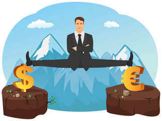 Businessman doing splits on symbols of currencies
