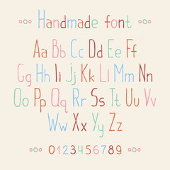Simple colorful hand drawn font. Complete abc alphabet set.