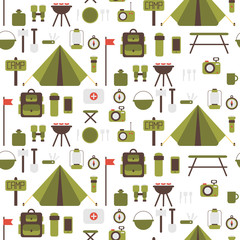 Seamless pattern of flat colorful vector camping equipment