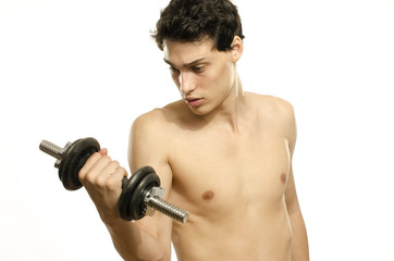 Skinny man training his bicep muscle