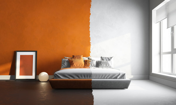 3d interor of orange-white bedroom