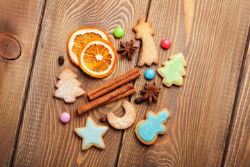 Christmas gingerbread cookies, spices and candies