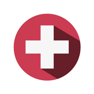 Hospital cross sign. Flat design with shadow. White cross, round icon. Aid, crisis,