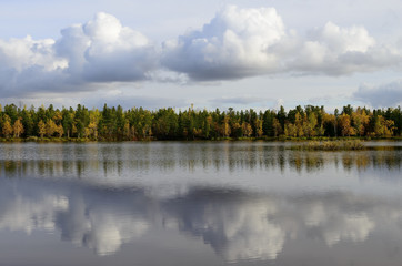 scenic autumn landscape of river and trees in northern Russia