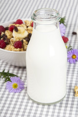 Obraz na płótnie Canvas bottle of fresh milk and granola with fruits