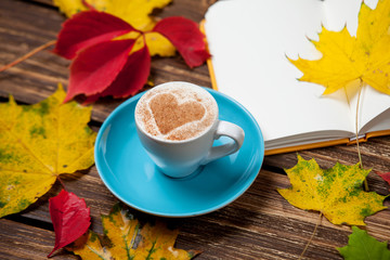 Autumn leafs, book and coffee cup on wooden table.
