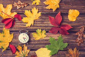 Autumn leafs and alarm clock on wooden table.