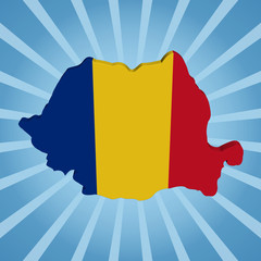 Romania map flag on blue sunburst illustration