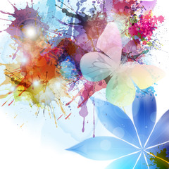 Abstract background in grunge style with flower and butterfly.