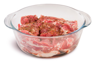 Raw Pork With Spices In A Glass Bowl