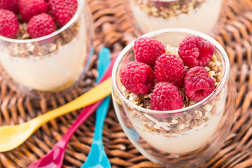 Yogurt with muesli and fresh raspberries